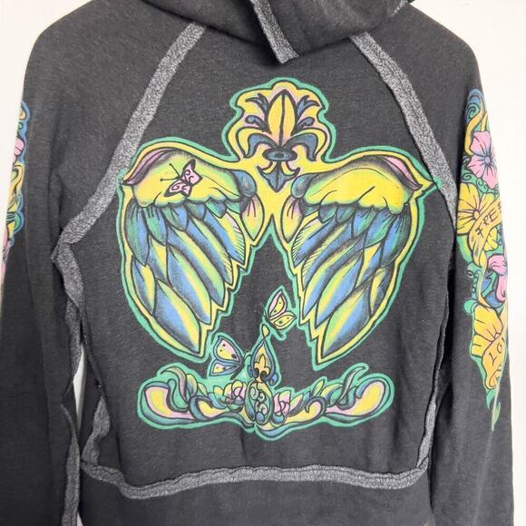 Vintage 2 BE FREE Love Graffiti Pullover Hoodie Small Gray Y2K 2000s Cozy - Picture 3 of 6